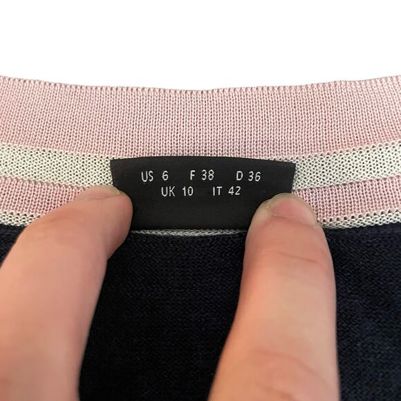 AKRIS Cashmere Mulberry Silk Long Sleeve Sweater Navy Blue Pink Collar US Size 6 - Picture 4 of 9